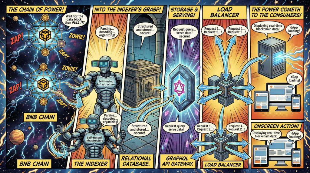 Comic diagram labeled THE CHAIN OF POWER, showing BNB CHAIN feeding THE INDEXER, RELATIONAL DATABASE, GRAPHQL API GATEWAY, LOAD BALANCER, and ON-SCREEN ACTION for consumers; text includes Self-Hosted Infrastructure, STORAGE & SERVING!, THE POWER COMETH TO THE CONSUMERS!, and ON SCREEN ACTION!